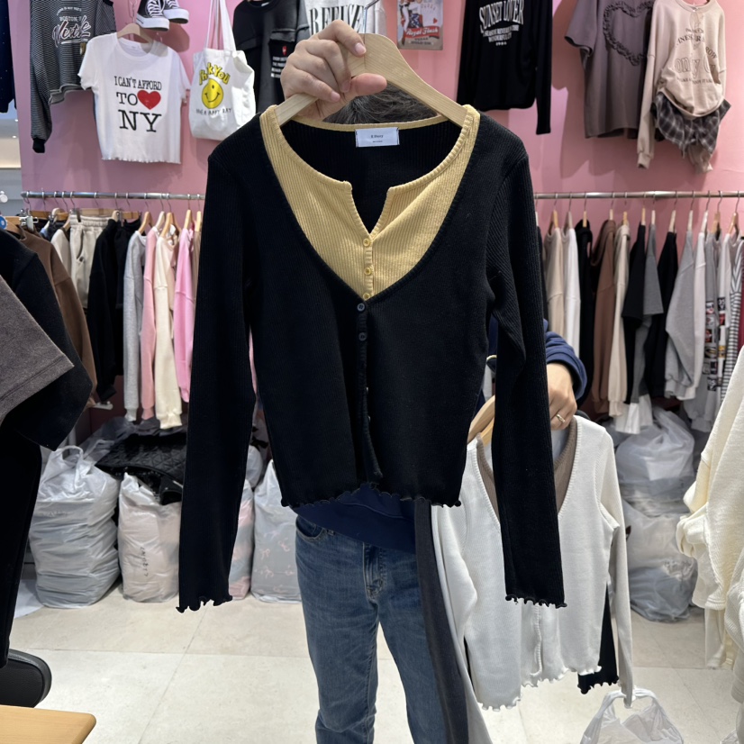 K STORY東大門㊣實拍女裝新品人氣長袖T恤羊毛衫假兩件雙層K STORY長袖T恤圖色2