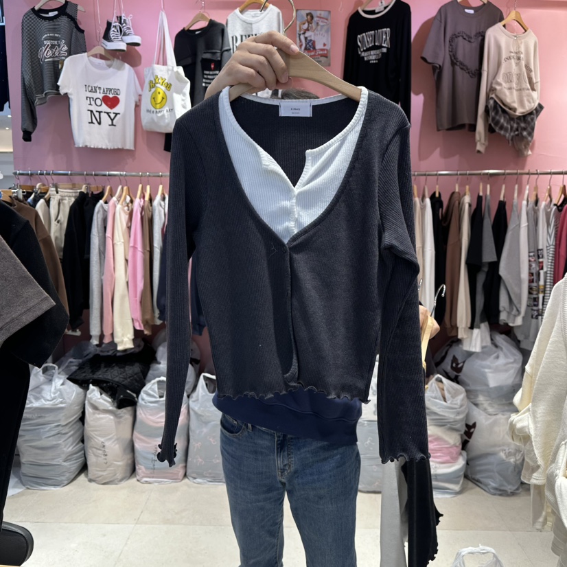 K STORY東大門㊣實拍女裝新品人氣長袖T恤羊毛衫假兩件雙層K STORY長袖T恤圖色3