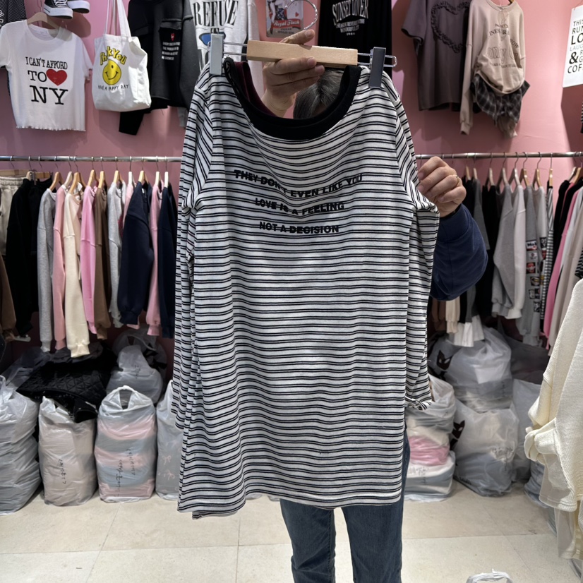 K STORY韓國直郵㊣女士新款休閑真品職業熱賣時尚25秋冬長袖T恤K STORY長袖T恤圖色1黑白條紋