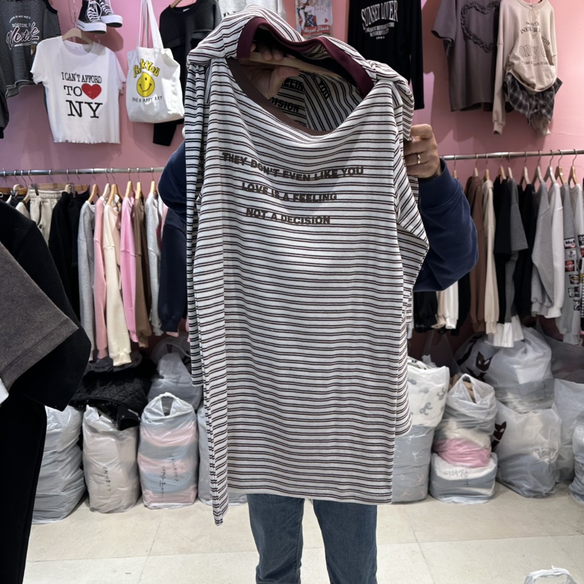 K STORY韓國直郵㊣女士新款休閑真品職業熱賣時尚25秋冬長袖T恤K STORY長袖T恤圖色3棕白條紋