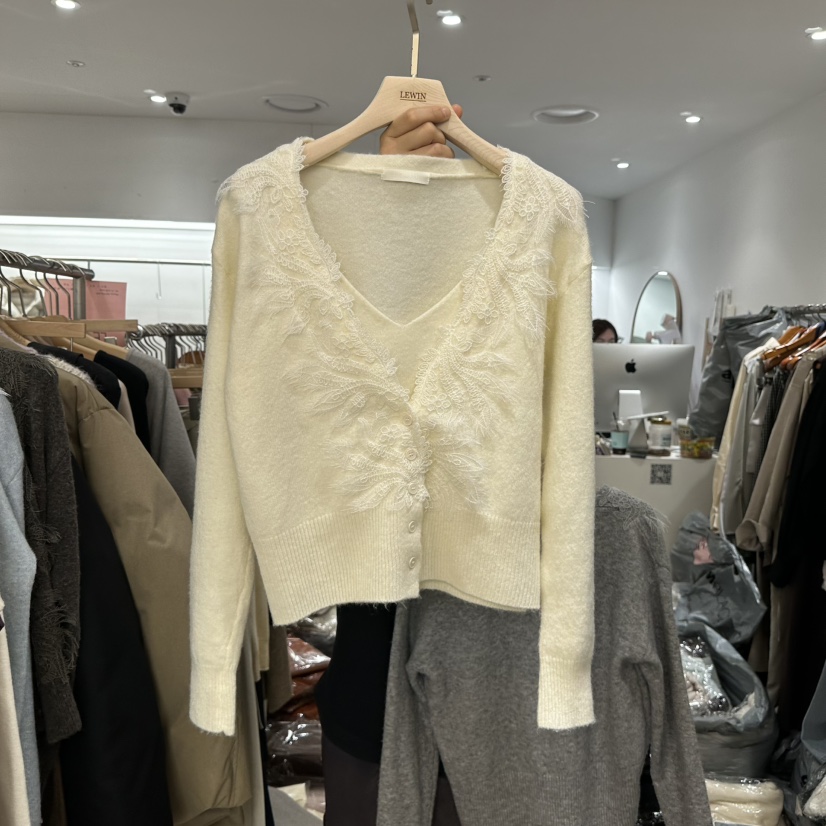 LEWIN韓國代購㊣女裝新款真品推薦休閑針織衫假兩件蕾絲開衫LEWIN針織衫圖色2