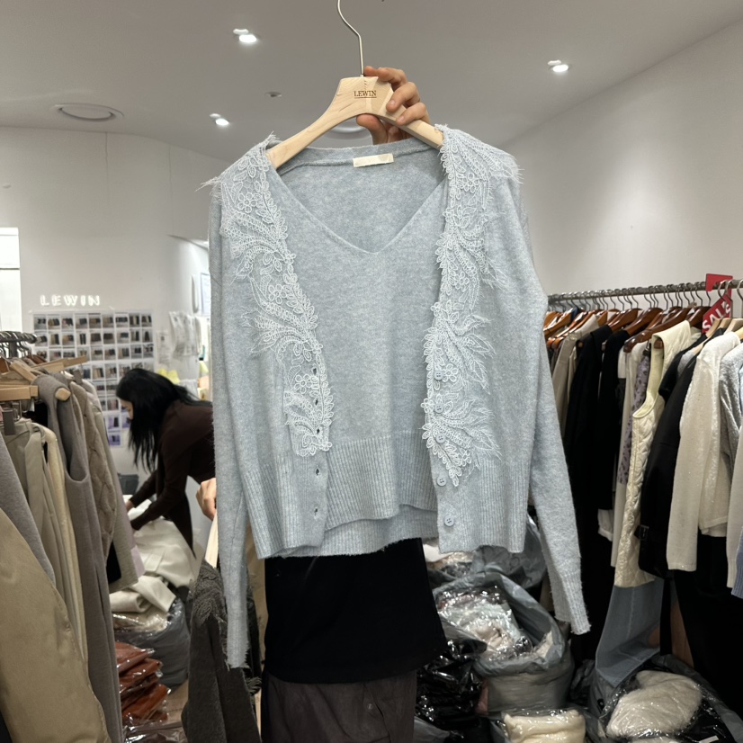 LEWIN韓國代購㊣女裝新款真品推薦休閑針織衫假兩件蕾絲開衫LEWIN針織衫圖色3
