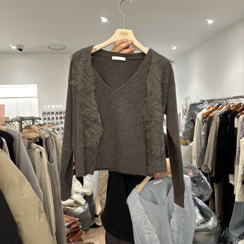 LEWIN韓國代購㊣女裝新款真品推薦休閑針織衫假兩件蕾絲開衫LEWIN針織衫圖色4