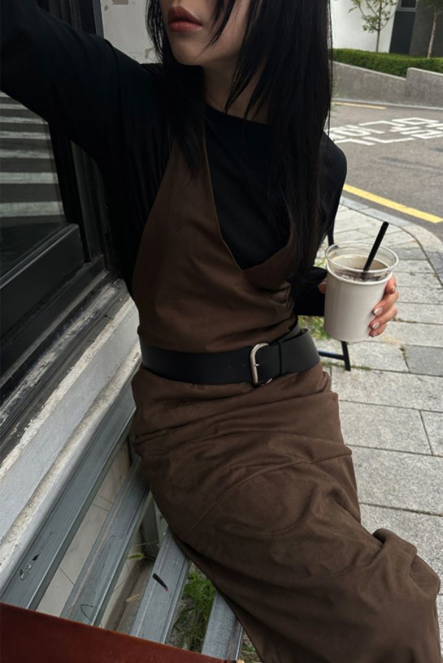 LIVE FOREVER東大門㊣實拍女裝新品人氣連衣裙不含腰帶麂皮LIVE FOR_EVER連衣裙