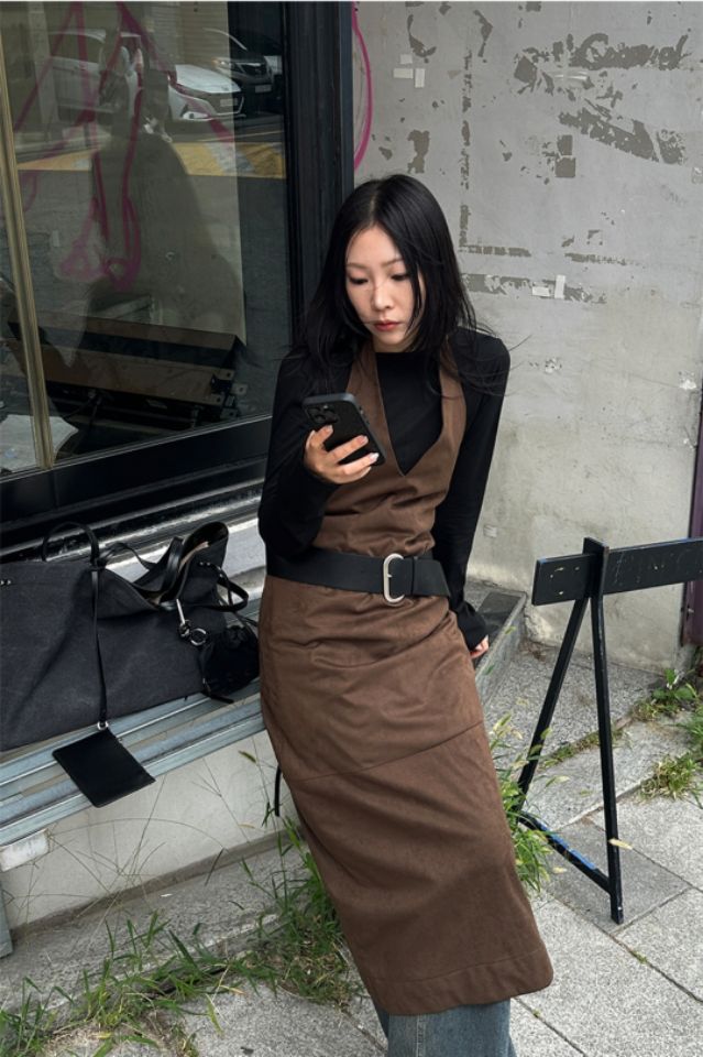 LIVE FOREVER東大門㊣實拍女裝新品人氣連衣裙不含腰帶麂皮LIVE FOR_EVER連衣裙