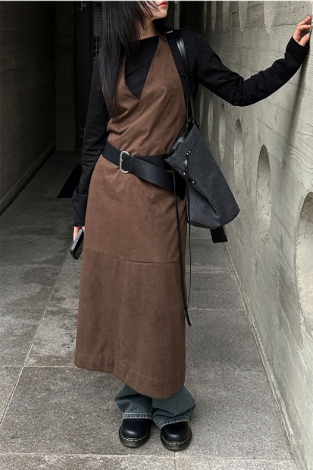 LIVE FOREVER東大門㊣實拍女裝新品人氣連衣裙不含腰帶麂皮LIVE FOR_EVER連衣裙