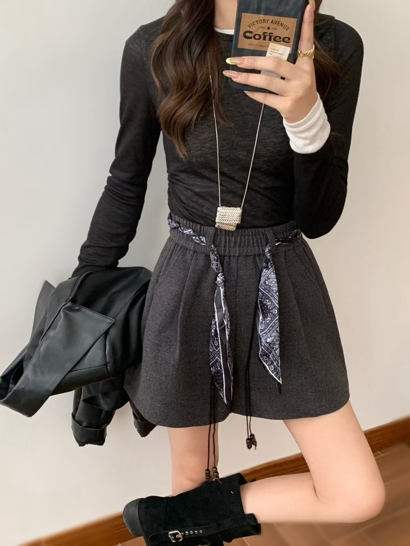 OLA東大門㊣代購女裝新款時尚人氣推薦職業短褲羊毛圍巾含腰繩mellor/OLA短褲
