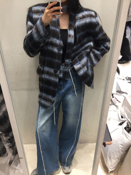 mars東大門㊣代購女裝新款時尚職業人氣夾克含脖帶毛絨格紋mars夾克