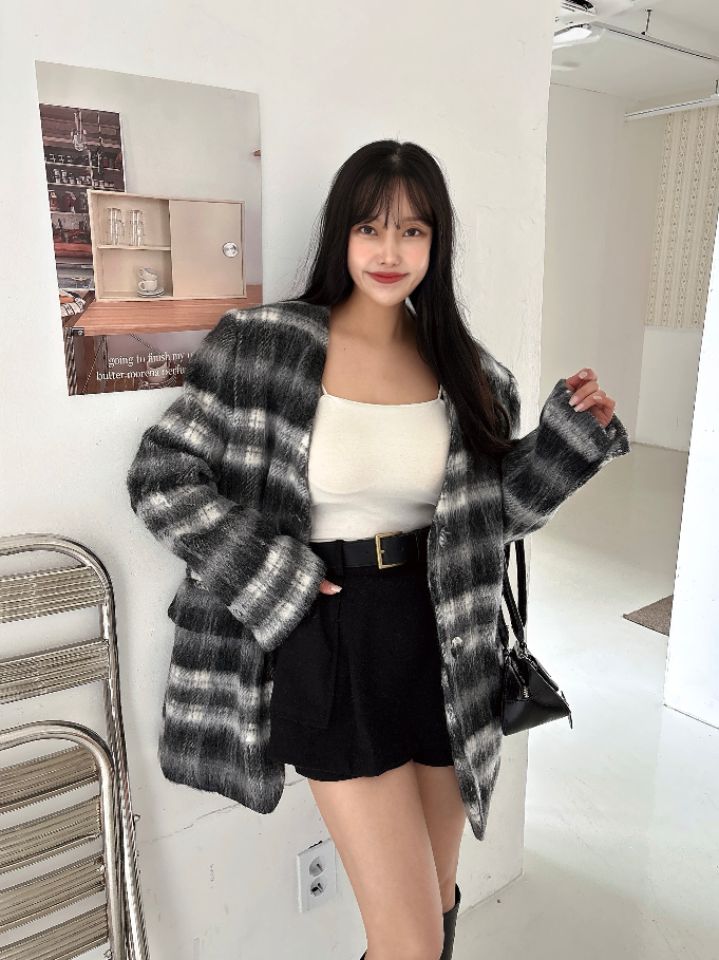 mars東大門㊣代購女裝新款時尚職業人氣夾克含脖帶毛絨格紋mars夾克