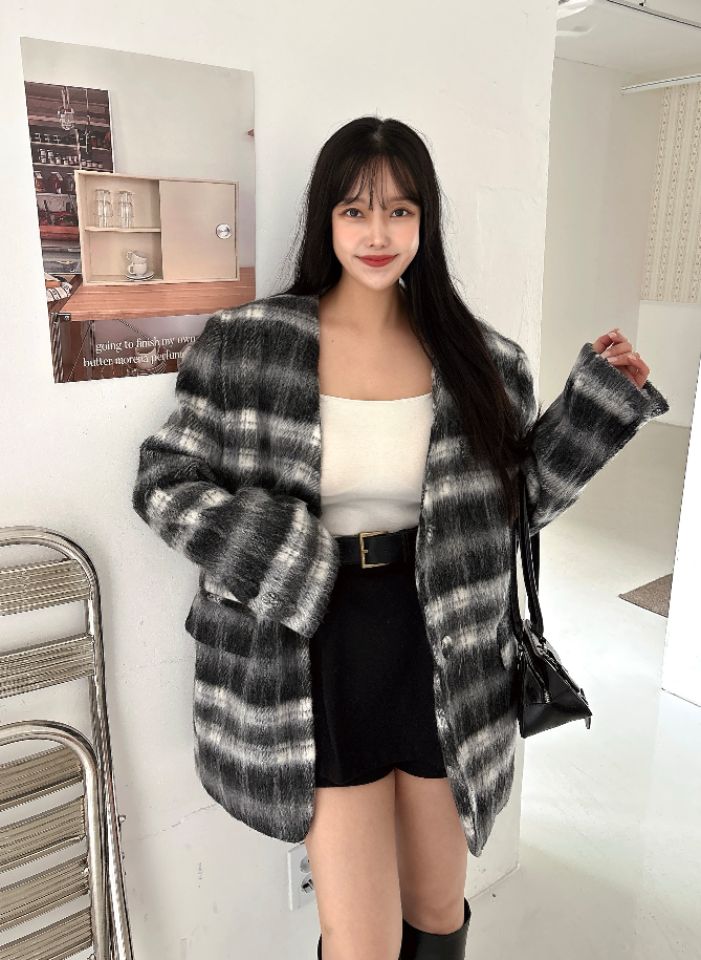 mars東大門㊣代購女裝新款時尚職業人氣夾克含脖帶毛絨格紋mars夾克