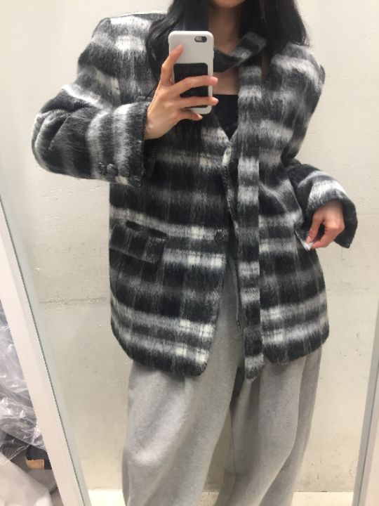 mars東大門㊣代購女裝新款時尚職業人氣夾克含脖帶毛絨格紋mars夾克