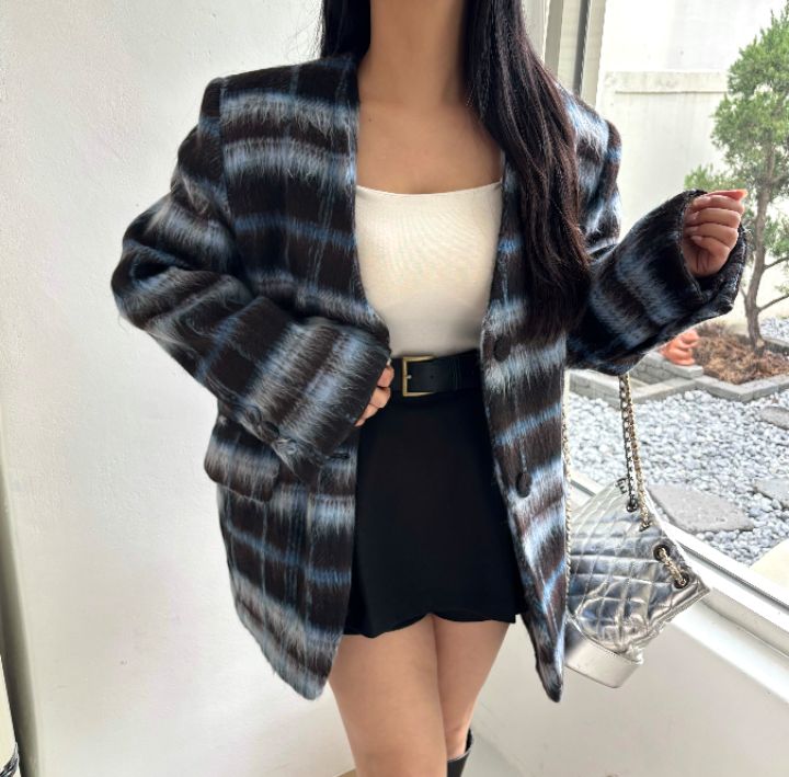 mars東大門㊣代購女裝新款時尚職業人氣夾克含脖帶毛絨格紋mars夾克