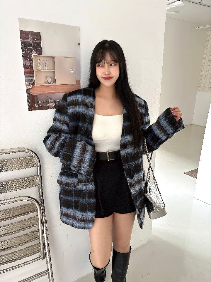 mars東大門㊣代購女裝新款時尚職業人氣夾克含脖帶毛絨格紋mars夾克