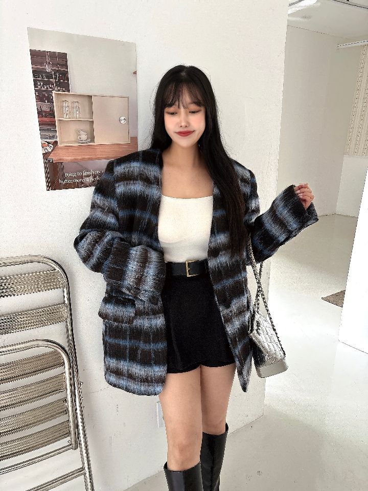 mars東大門㊣代購女裝新款時尚職業人氣夾克含脖帶毛絨格紋mars夾克