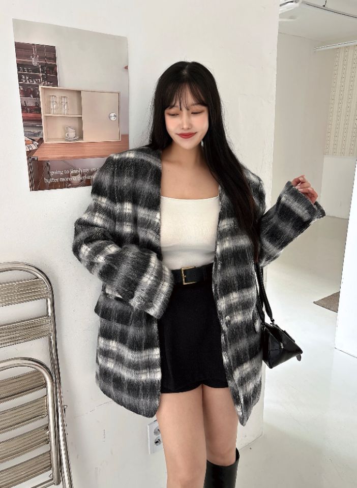 mars東大門㊣代購女裝新款時尚職業人氣夾克含脖帶毛絨格紋mars夾克