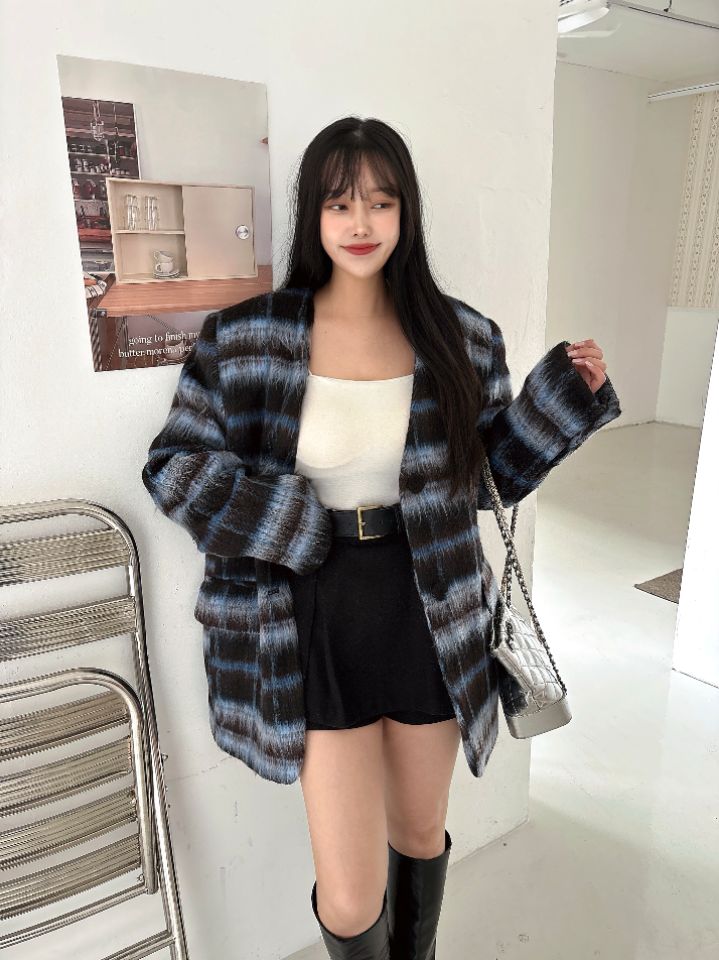 mars東大門㊣代購女裝新款時尚職業人氣夾克含脖帶毛絨格紋mars夾克