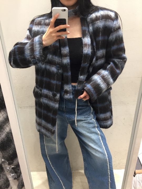 mars東大門㊣代購女裝新款時尚職業人氣夾克含脖帶毛絨格紋mars夾克