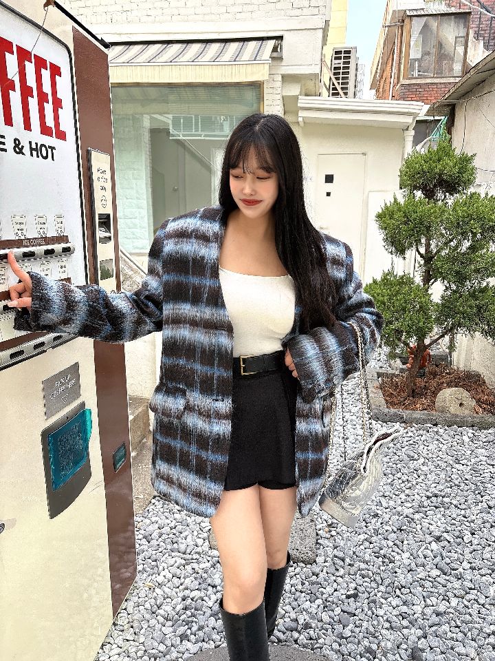 mars東大門㊣代購女裝新款時尚職業人氣夾克含脖帶毛絨格紋mars夾克