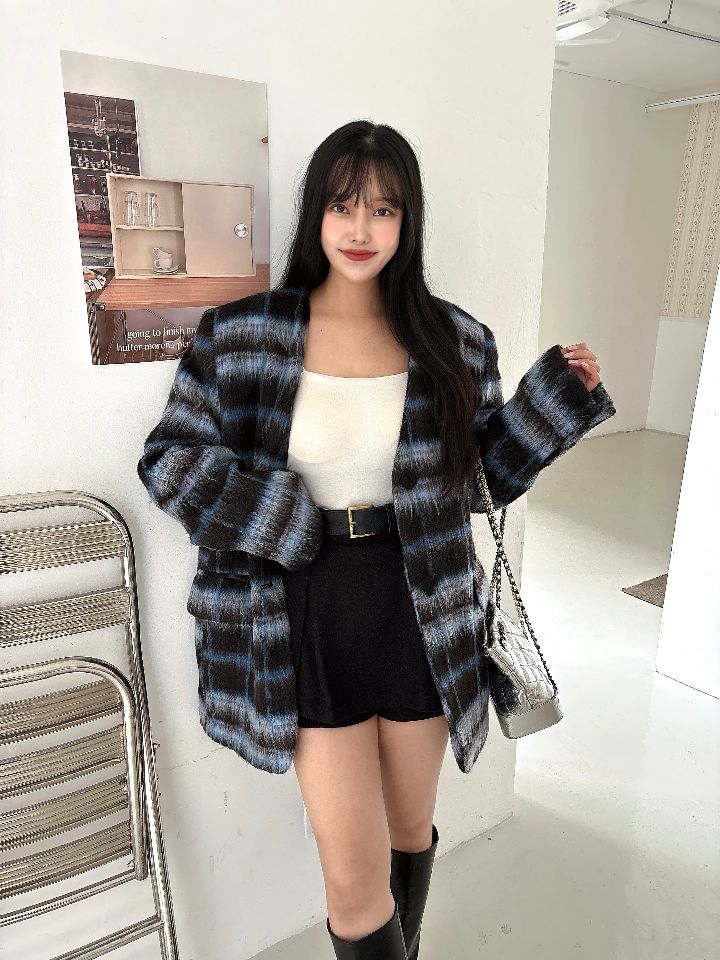 mars東大門㊣代購女裝新款時尚職業人氣夾克含脖帶毛絨格紋mars夾克