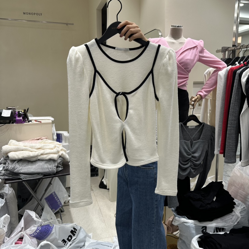 MONOPOLY韓國代購㊣女裝新款25秋冬時尚休閑推薦長袖T恤假兩件MONO_POLY長袖T恤圖色1