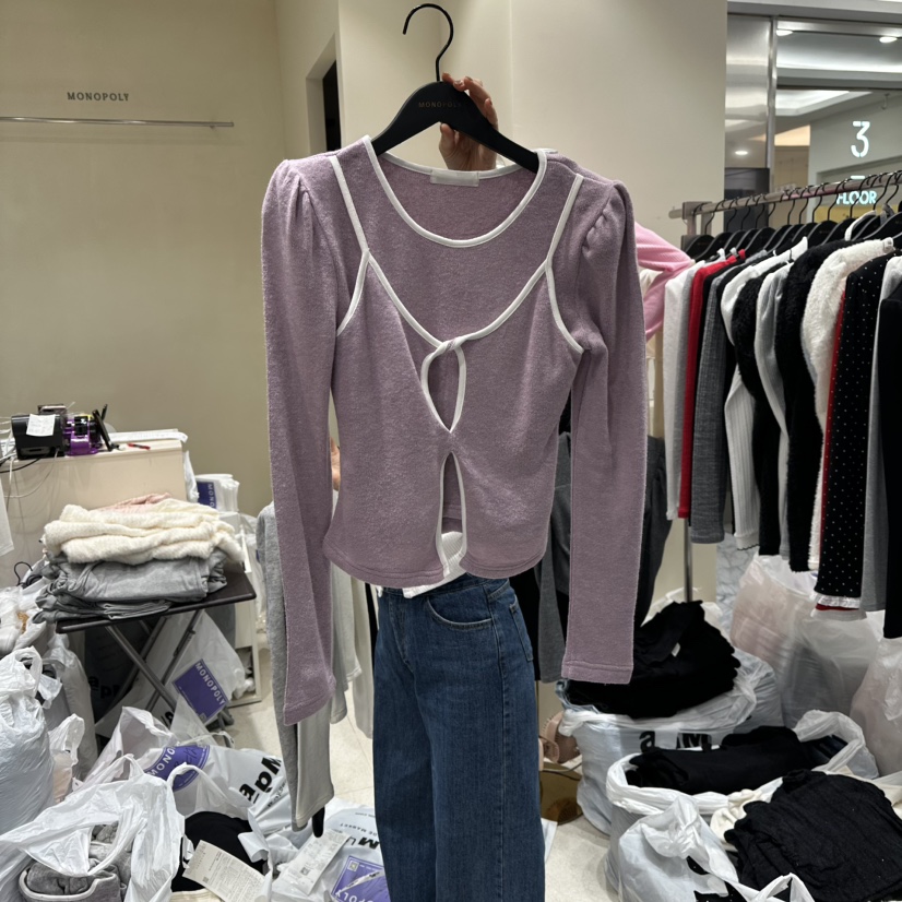 MONOPOLY韓國代購㊣女裝新款25秋冬時尚休閑推薦長袖T恤假兩件MONO_POLY長袖T恤圖色2