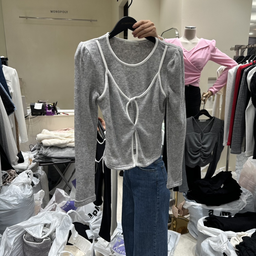 MONOPOLY韓國代購㊣女裝新款25秋冬時尚休閑推薦長袖T恤假兩件MONO_POLY長袖T恤圖色3