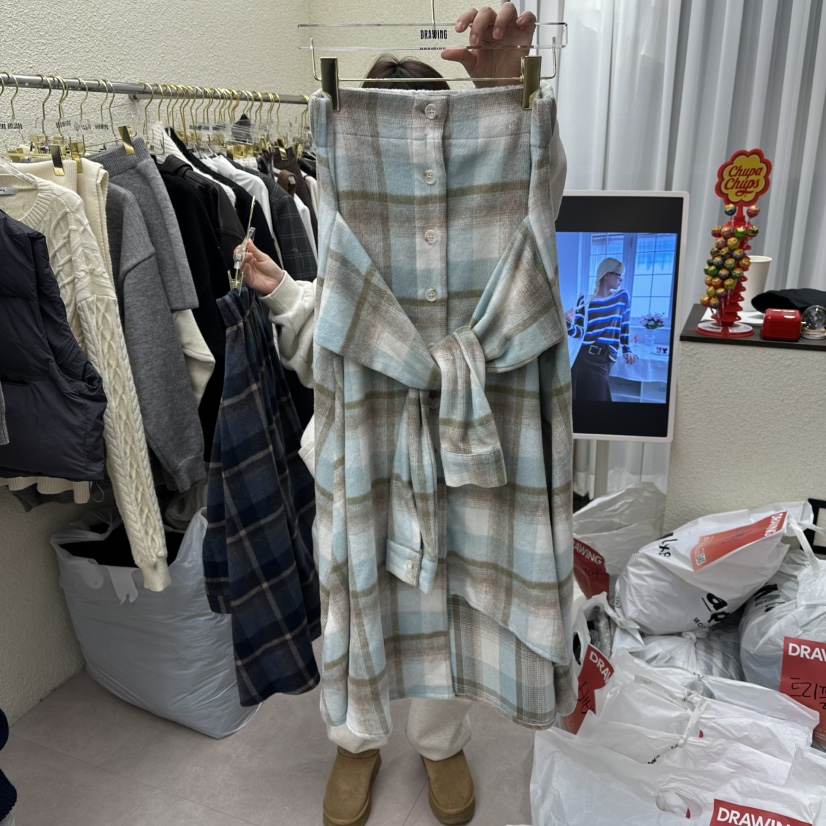 DRAWING東大門㊣直郵女士新款推薦熱賣職業25秋冬人氣長裙格子DRAWING長裙圖色1