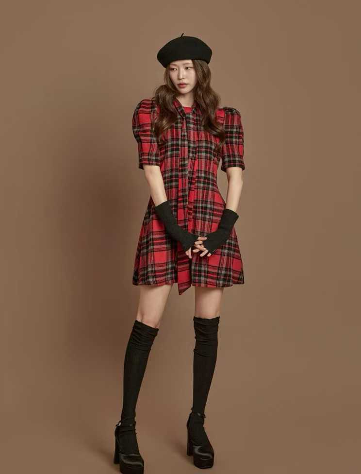 ALLURE東大門㊣實拍女裝新品人氣推薦25秋冬連衣裙格紋圍巾ALLURE連衣裙