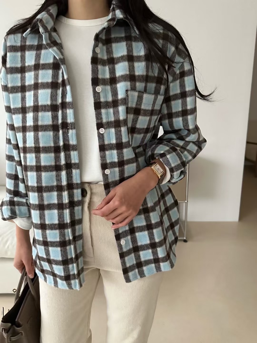 KIND-카인드-OT韓國直郵㊣女裝新款休閑襯衫蕾絲衫羊毛格紋KIND-ot襯衫/蕾絲衫圖色1