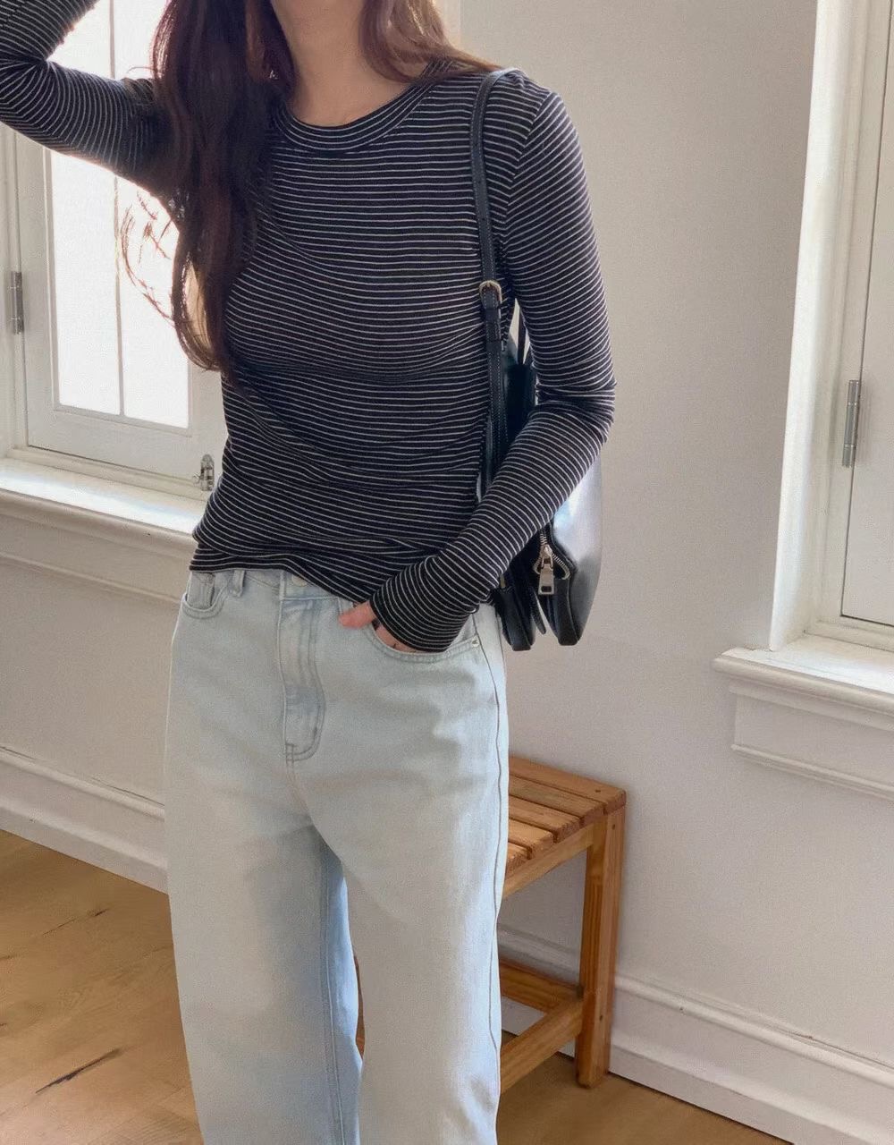 SUMMER MOON韓國代購㊣女士新款休閑長袖T恤美利奴羊毛條紋SUMMER MOON長袖T恤