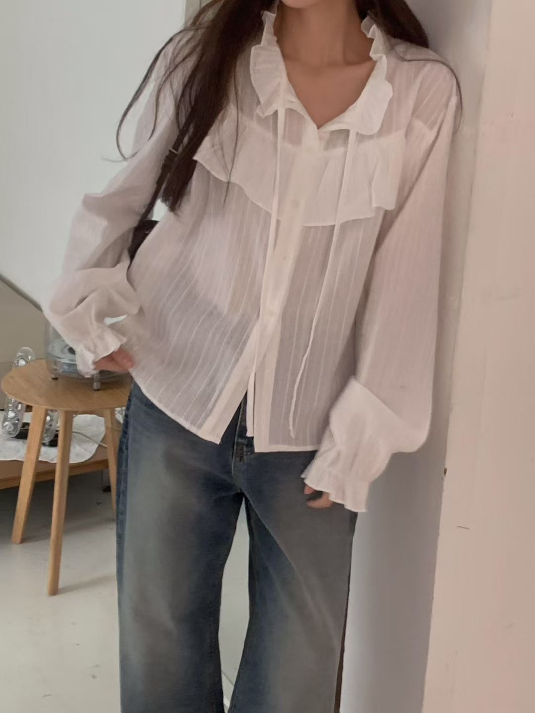 SUMMER MOON韓國代購㊣女士新品25秋冬推薦襯衫蕾絲衫荷葉邊SUMMER MOON襯衫/蕾絲衫