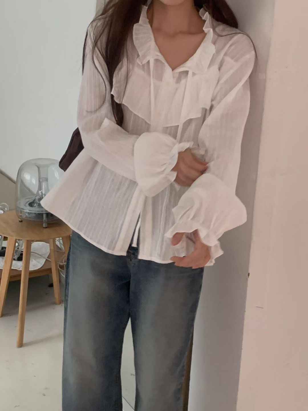 SUMMER MOON韓國代購㊣女士新品25秋冬推薦襯衫蕾絲衫荷葉邊SUMMER MOON襯衫/蕾絲衫