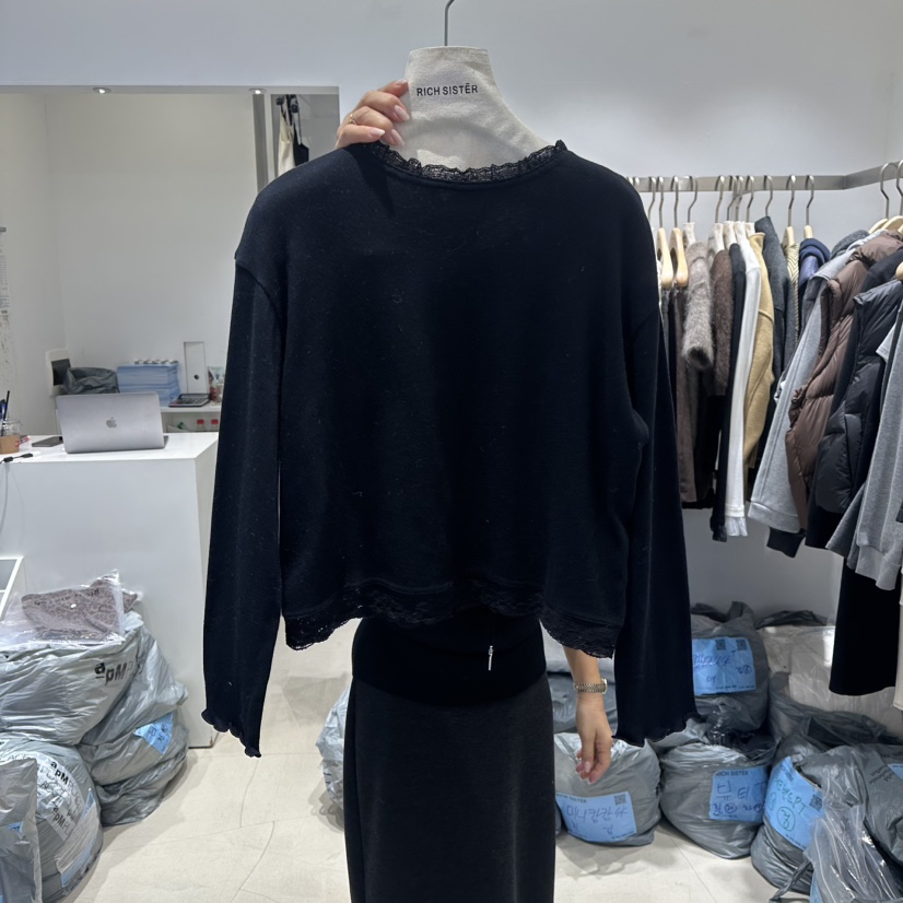 RICH SISTER韓國代購㊣女裝新款真品推薦休閑職業長袖T恤蕾絲RICH SISTER長袖T恤圖色3