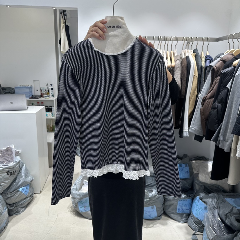 RICH SISTER韓國代購㊣女裝新款真品推薦休閑職業長袖T恤蕾絲RICH SISTER長袖T恤圖色4