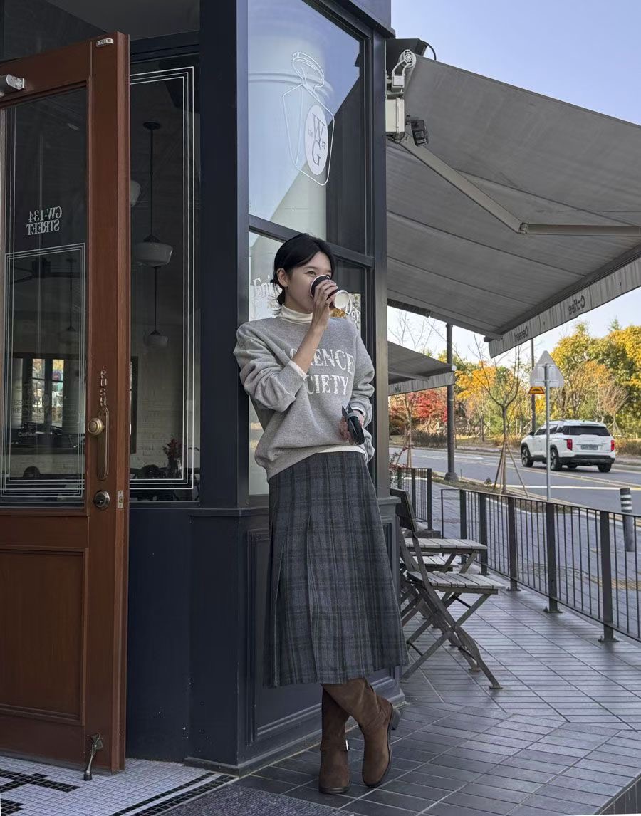 ALLU東大門㊣代購女士新款人氣休閑真品時尚25秋冬長裙格紋褶裥ALLU長裙