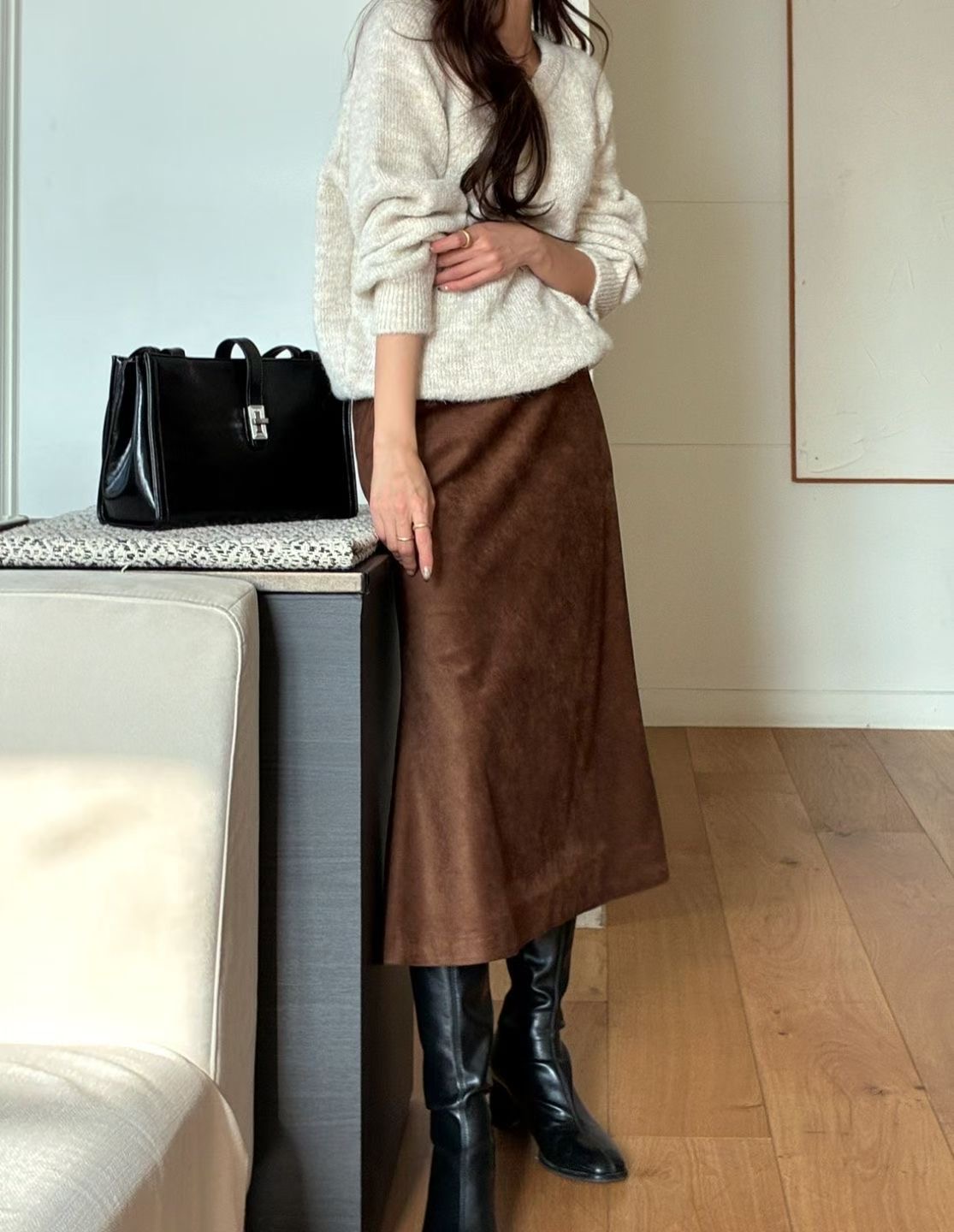 ALLU韓國直郵㊣女士新品休閑時尚推薦真品職業人氣25秋冬長裙絨ALLU長裙