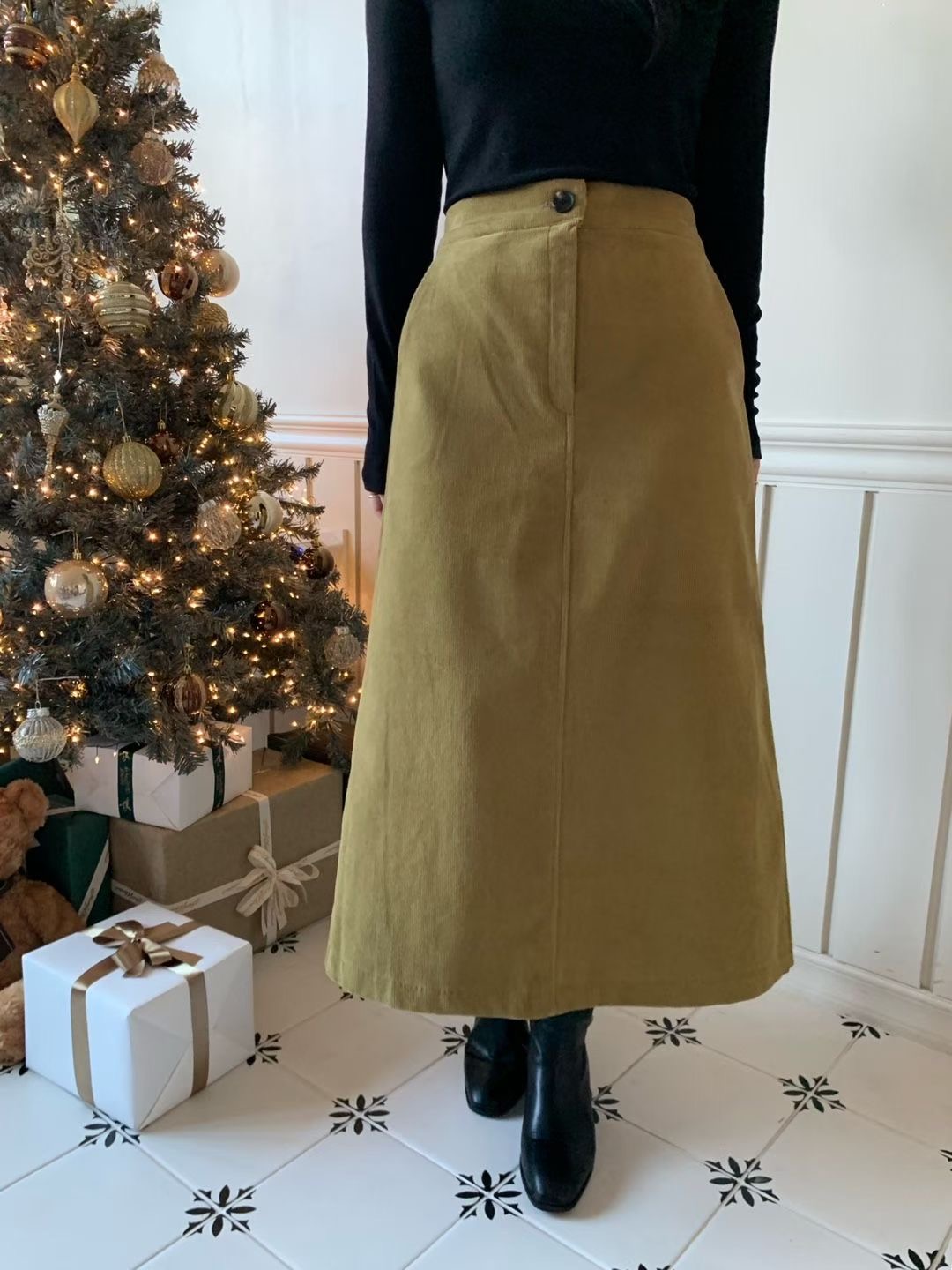 ALLU韓國直郵㊣女裝新品熱賣25秋冬時尚推薦休閑長裙燈芯絨ALLU長裙圖色1