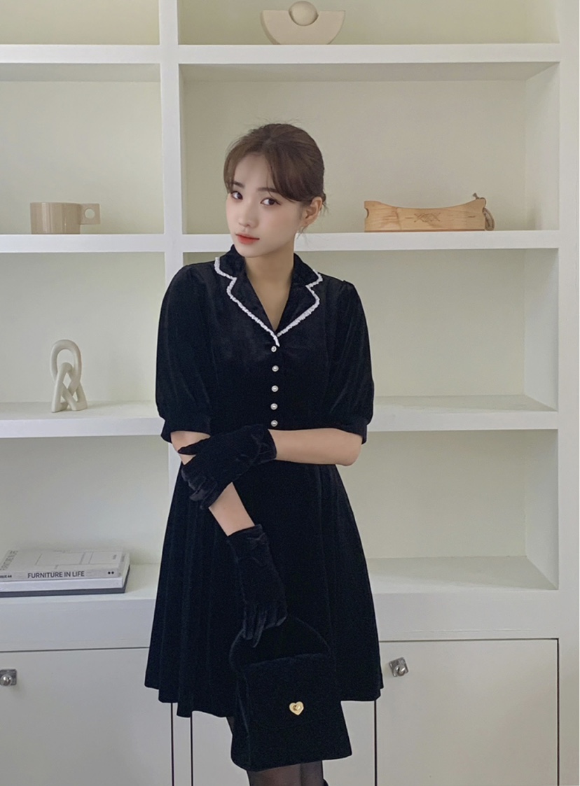 FRILL-T東大門㊣直郵女裝新款時尚熱賣職業25秋冬連衣裙絲絨FRILL-T連衣裙