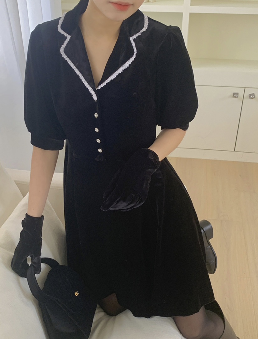 FRILL-T東大門㊣直郵女裝新款時尚熱賣職業25秋冬連衣裙絲絨FRILL-T連衣裙