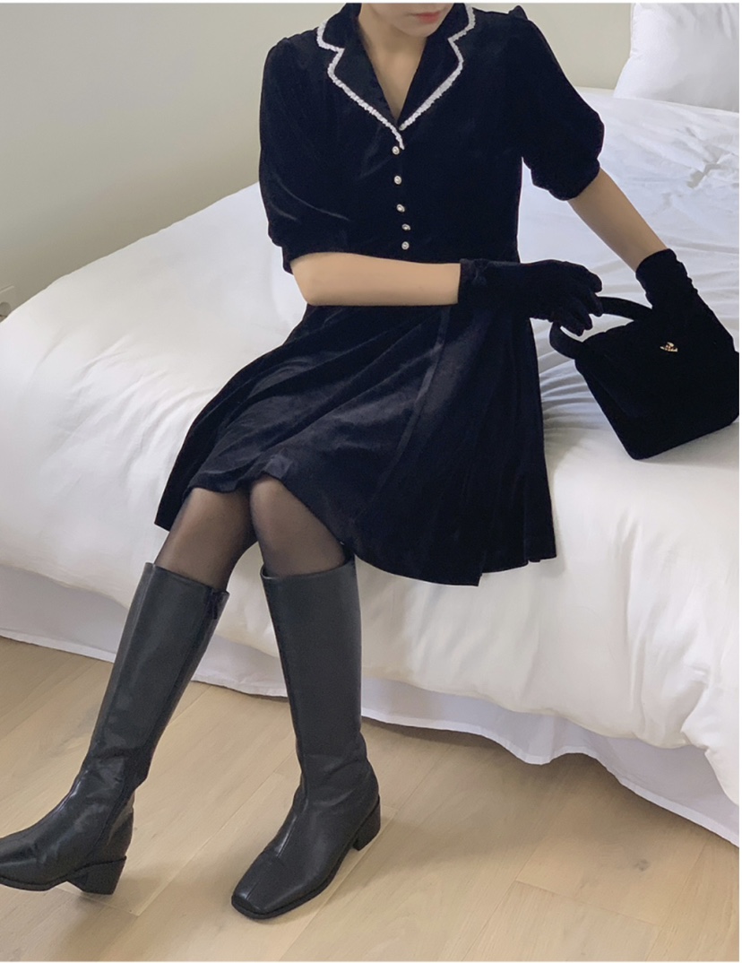 FRILL-T東大門㊣直郵女裝新款時尚熱賣職業25秋冬連衣裙絲絨FRILL-T連衣裙