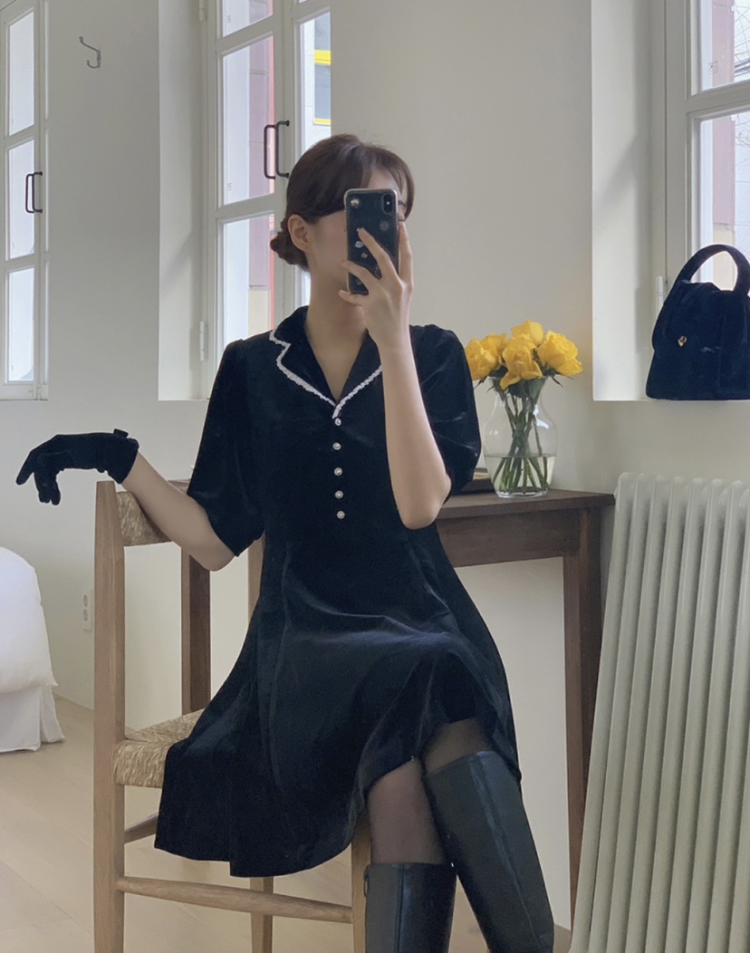 FRILL-T東大門㊣直郵女裝新款時尚熱賣職業25秋冬連衣裙絲絨FRILL-T連衣裙