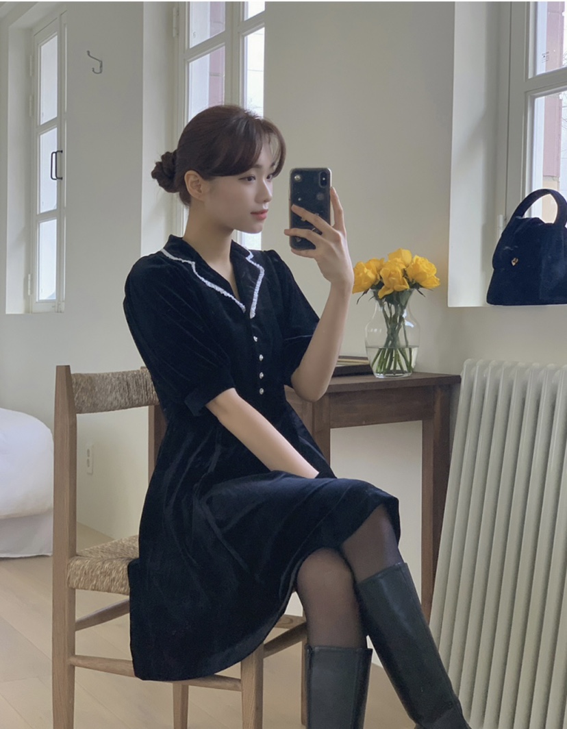 FRILL-T東大門㊣直郵女裝新款時尚熱賣職業25秋冬連衣裙絲絨FRILL-T連衣裙