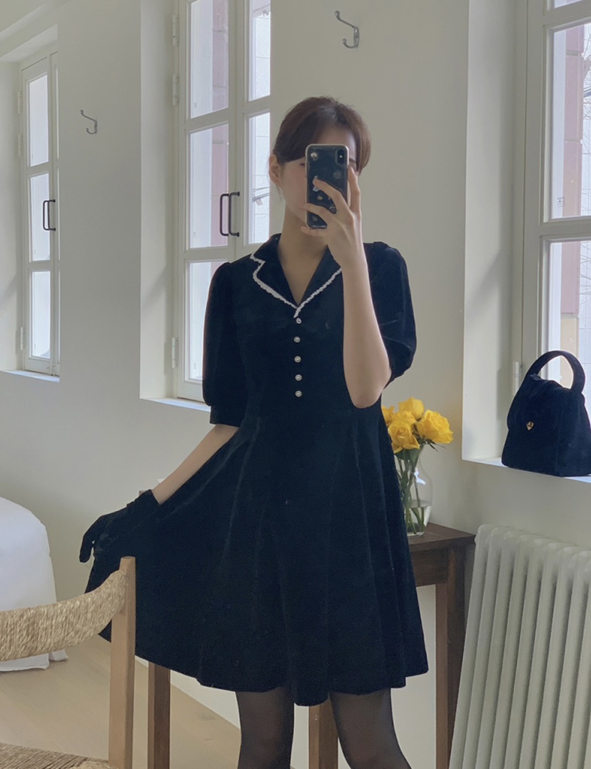 FRILL-T東大門㊣直郵女裝新款時尚熱賣職業25秋冬連衣裙絲絨FRILL-T連衣裙