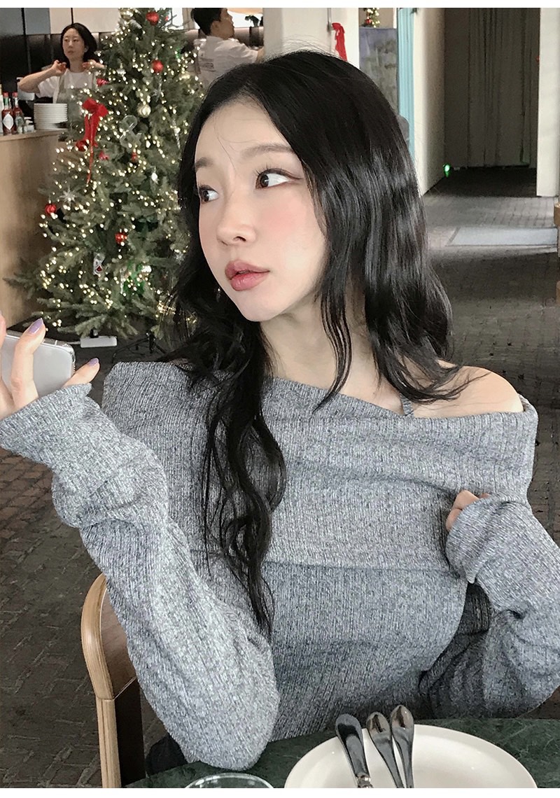 FRILL-T韓國直郵㊣女士新款人氣推薦熱賣25秋冬針織衫露肩FRILL-T針織衫