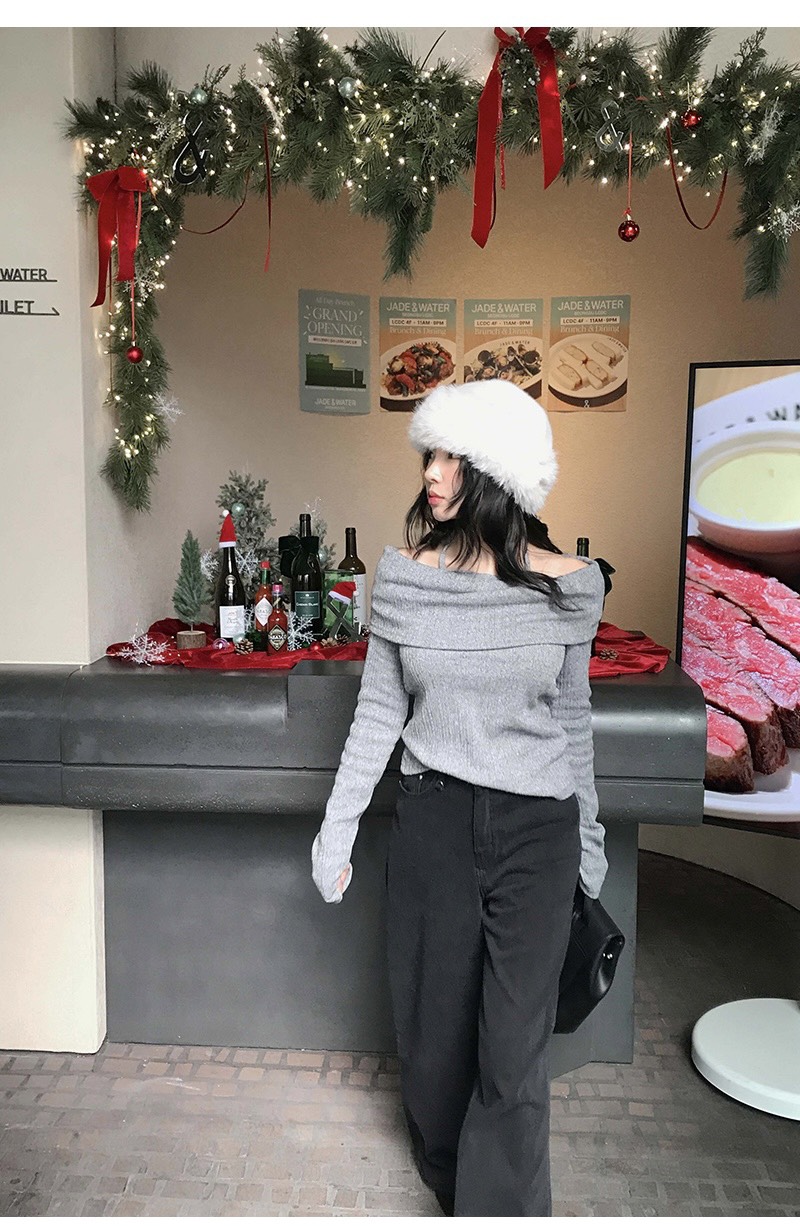 FRILL-T韓國直郵㊣女士新款人氣推薦熱賣25秋冬針織衫露肩FRILL-T針織衫