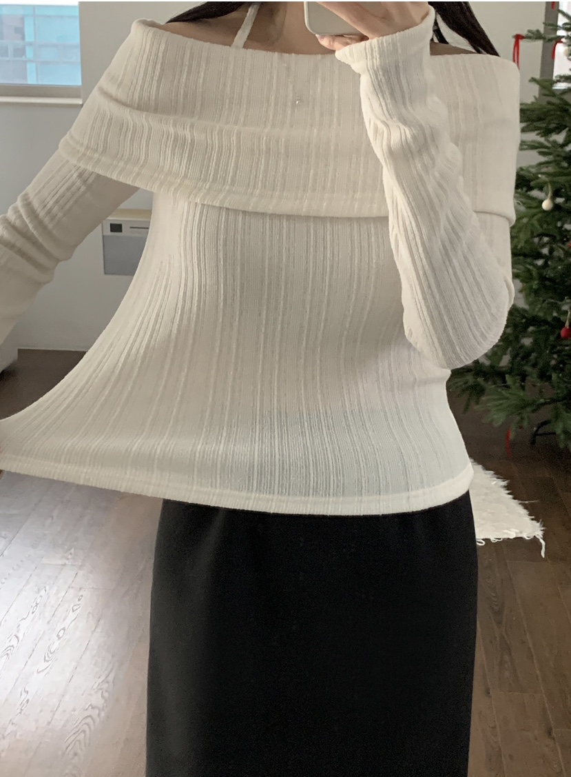 FRILL-T韓國直郵㊣女士新款人氣推薦熱賣25秋冬針織衫露肩FRILL-T針織衫