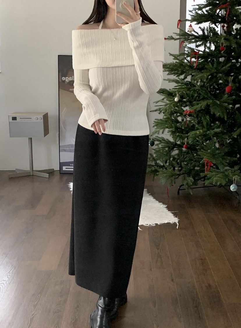 FRILL-T韓國直郵㊣女士新款人氣推薦熱賣25秋冬針織衫露肩FRILL-T針織衫