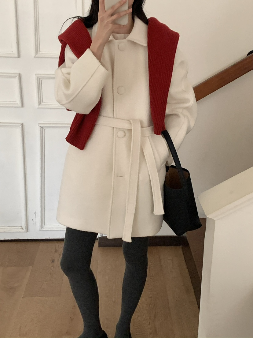 FRILL-T東大門㊣實拍女裝新品熱賣人氣休閑中長款大衣含腰帶FRILL-T中長款大衣