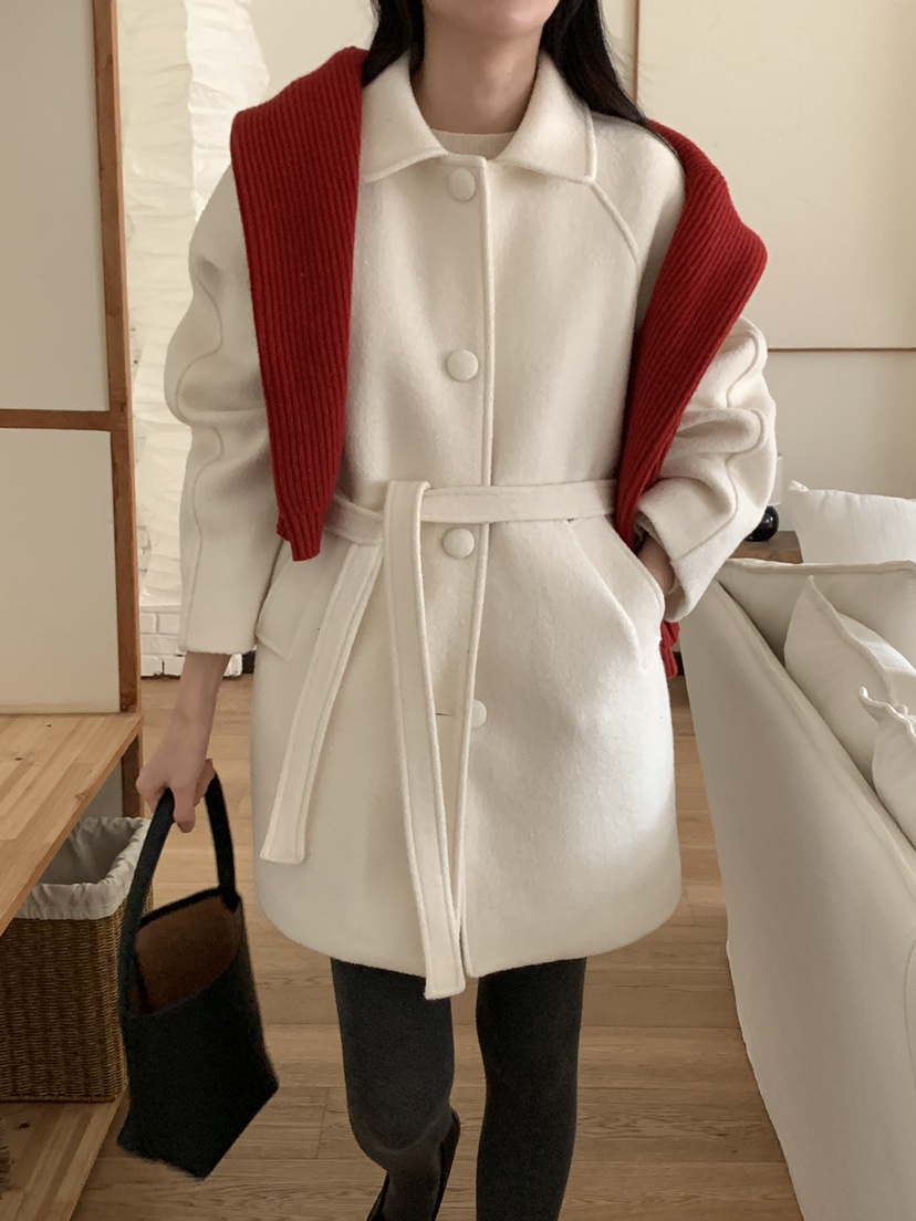 FRILL-T東大門㊣實拍女裝新品熱賣人氣休閑中長款大衣含腰帶FRILL-T中長款大衣