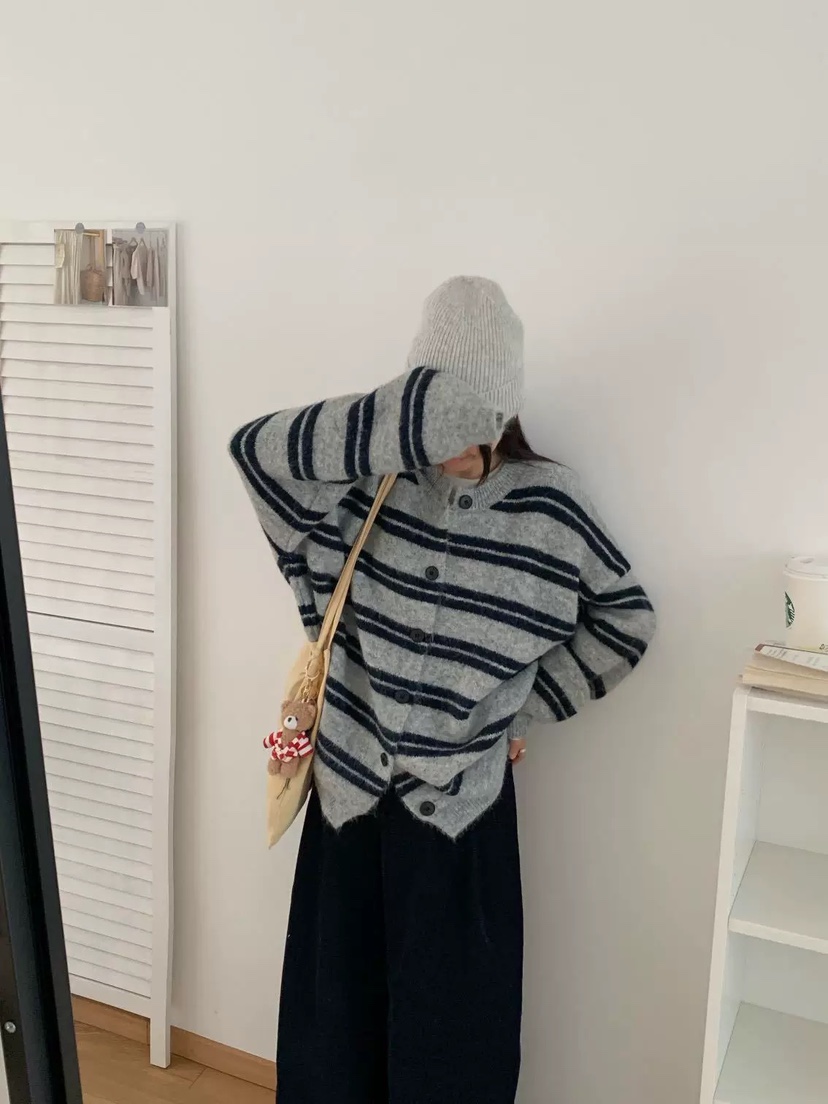 DOUZEMOIS韓國代購㊣女裝新品時尚熱賣真品針織衫羊毛開衫條紋DOUZEMOIS針織衫